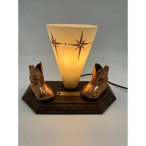 Vintage Mid Century Bronzed Baby Shoes TV Lamp with Starburst Cone Shade